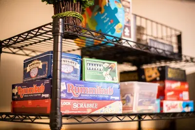 a shelf withiazepamiazepines and other items on it at The Getaway,Hot Tub, AC, 2miles from RMNP in Estes Park