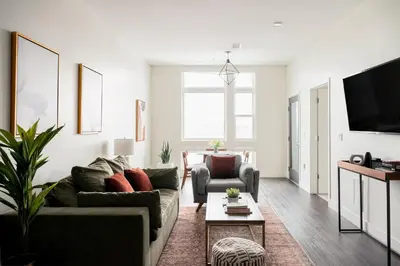 a living room with two couches and a tv at Modern Lifestyle - City View - Pet-Friendly - Zuni in Denver