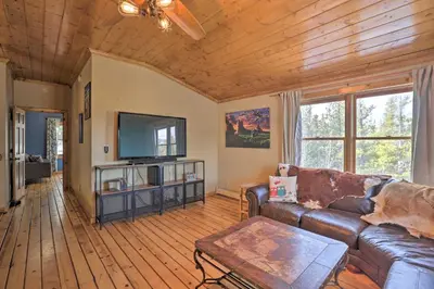 a living room with a couch and a flat screen tv at Black Hawk Mountain Cabin about 4 Mi to Casinos! in Black Hawk