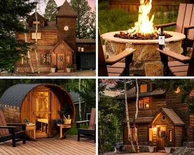 a collage of pictures of a cabin with a fire pit at The Evergreen Castle in Evergreen
