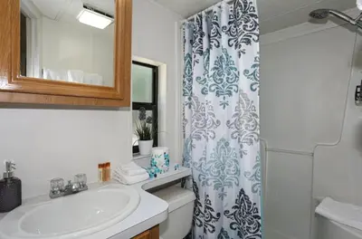 a bathroom with a sink and a shower curtain at Sun & Snow Chalet Breckenridge, a dog lovers dream! in Breckenridge