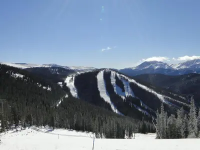 a view of a snow covered mountain with trees at Dakota Lodge in Keystone