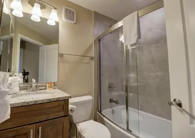 a bathroom with a shower and a toilet and a sink at 201 Point Drive condo in Frisco
