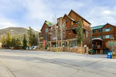 an empty street in front of a large building at 8201 Mill Creek - Private Hot Tub! condo in Dillon