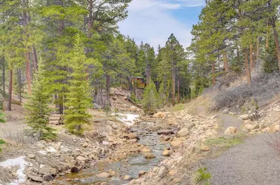 a stream of rocks and trees on a dirt road at Fall River Casita in Estes Park