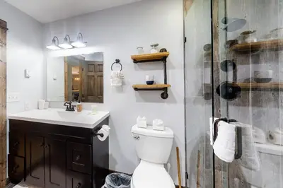 a bathroom with a toilet and a sink and a shower at The Nugget Ski Chalet in Dillon
