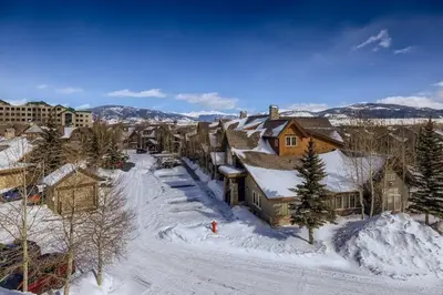 an aerial view of a town in the snow at Drake Landing #A8 condo in Frisco