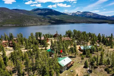 an aerial view of a resort on a lake at 4 Mi to Rocky Moutain Natl Park Grand Lake Home! in Grand Lake