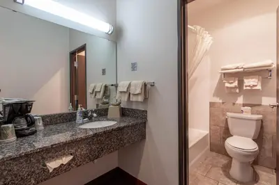 a bathroom with a toilet and a sink and a mirror at North Park Inn & Suites in Walden
