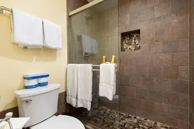 a bathroom with a shower and a toilet and towels at 2767 Slopeside condo in Keystone