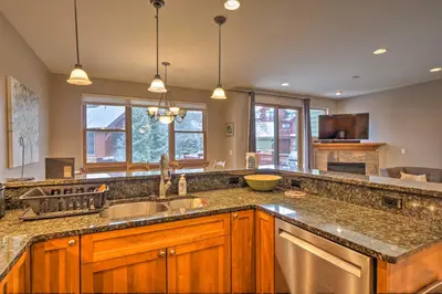 a kitchen with a sink and a counter top at 5 Mi to Breckenridge Skiing Mtn Gem with Hot Tub! in Breckenridge