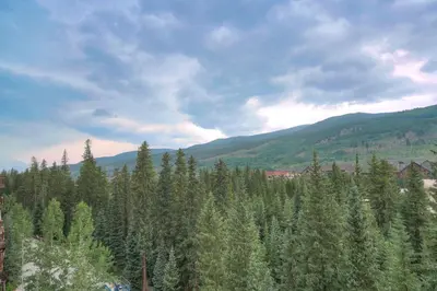 a forest of trees with mountains in the background at Luxurious 3 BR in River Run Village Featuring Ski in, ski out condo in Dillon