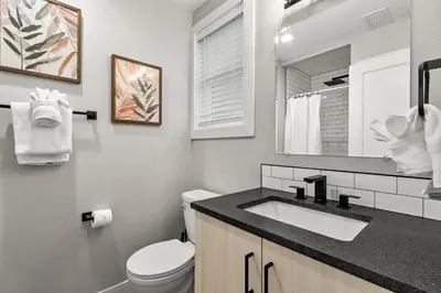 a bathroom with a sink and a toilet and a mirror at Spacious Downtown Apartment - Walk to Old Town FC! in Fort Collins