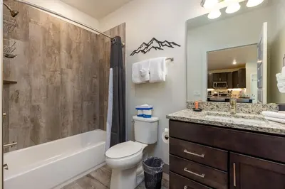 a bathroom with a toilet and a shower and a sink at 202 Clearwater Lofts condo in Keystone