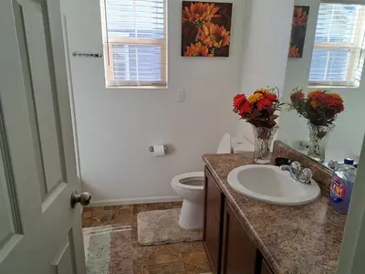 a bathroom with a sink and a toilet with flowers on the counter at Ram comfort in Denver