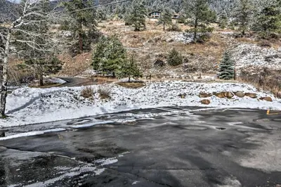 an empty parking lot with snow on the ground at Cozy Condo on Fall River - 1 Mile to RMNP Gate! in Estes Park