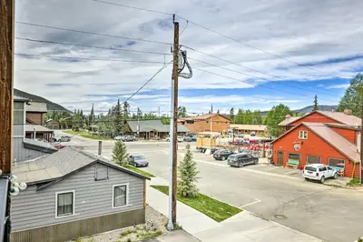 an aerial view of a street in a small town at Grand Lake Condo with Balcony and Mountain Views in Grand Lake