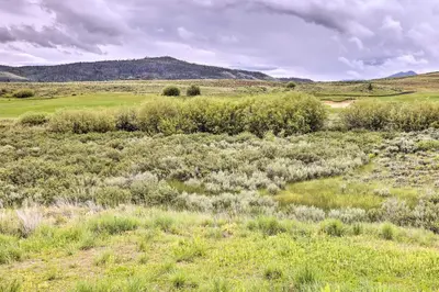 a field of grass and bushes with a mountain in the background at 3 Mi to Granby Ranch Home with Hot Tub and Mtn Views! in Granby
