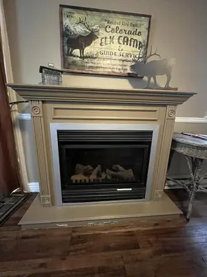 a fireplace in a living room with a picture above it at Mt Olympus Cabin, Cozy 1 bedroom cabin Great for couples in Estes Park