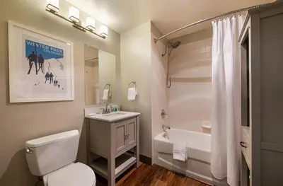 a bathroom with a toilet and a sink and a tub at Zephyr Mountain Lodge Premium-Rated 1214 in Winter Park