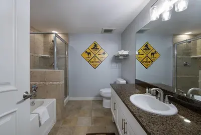a bathroom with a sink and a toilet and a shower at Winter Park FF Premium-Rated 4462 in Winter Park