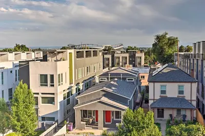 an aerial view of a city with houses at Modern Denver Townhome with Rooftop Terrace! in Denver