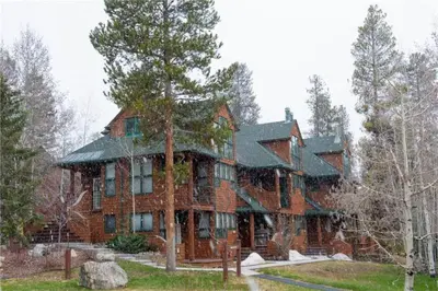 a large wooden house with a tree in front of it at Soda Springs 1 Bedroom Townhome in Keystone