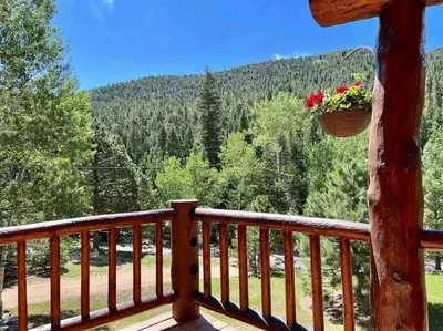a balcony with a basket of flowers on a tree at Classic Log Cabin near Rocky Mountain National Park and near Skiing in Lyons