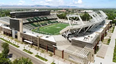 an aerial view of a football stadium with a football field at Modern Farmhouse Townhome - Great Central Location in Fort Collins
