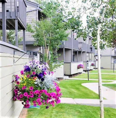 a flower pot hanging on the side of a building at Pines at Meadow Ridge in Fraser