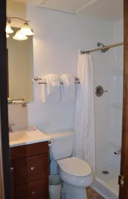 a bathroom with a toilet and a shower at Pines at Meadow Ridge in Fraser