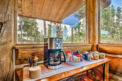 a counter in a cabin with a blender on it at Less Than 1 Mi to Lake Granby Log Cabin with Fire Pit in Grand Lake