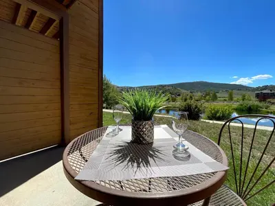 a table with glasses and a potted plant on a patio at Relax, Adventure, Views, Amenities+Memories (Full) in Granby