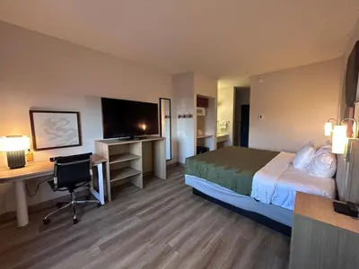 a hotel room with a bed and a desk and a computer at Quality Inn Denver Tech Center in Englewood