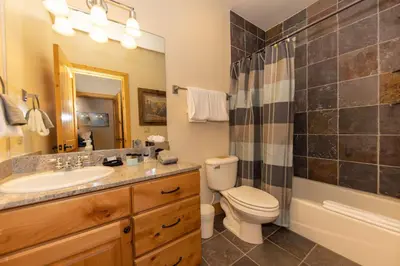 a bathroom with a toilet and a sink and a shower at Warm, Spacious, and Elegant Breckenridge Home near golf course, hot tub, arcade machine, foosball in Breckenridge
