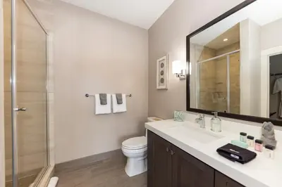 a bathroom with a sink and a toilet and a mirror at Modern Elegance, Stunning Mountain Views, Hot Tub, Fire Pit, Walk to River! in Breckenridge