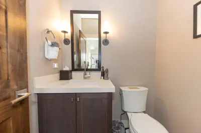 a bathroom with a toilet and a sink and a mirror at Modern Elegance, Stunning Mountain Views, Hot Tub, Fire Pit, Walk to River! in Breckenridge