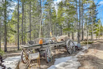 a wooden wagon in the middle of a forest at Deck, Fire Pit and Grill Log Cabin in Black Hawk in Black Hawk