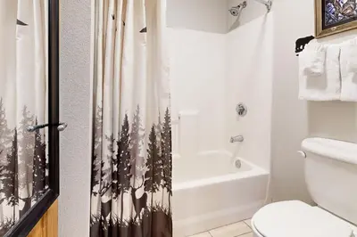 a bathroom with a toilet and a shower curtain at Knocking at Nature's Door in Keystone