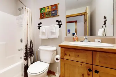 a bathroom with a white toilet and a sink at Knocking at Nature's Door in Keystone