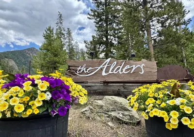 two buckets of flowers in front of a sign at Alders 42 Outpost Dr by SummitCove Lodging in Keystone