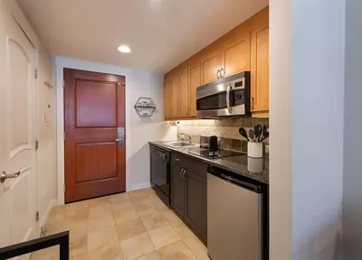 a kitchen with black appliances and a wooden door at Winter Park FF Premium-Rated 4669 in Winter Park