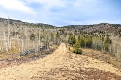 a dirt road in the middle of a forest at Secluded Granby Mtn Cabin 75 Acres and Views in Granby