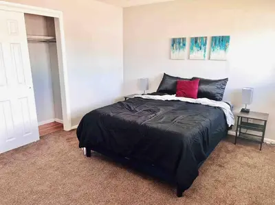 a bedroom with a black bed with a red pillow at Modern Home Near Downtown in Denver