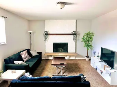 a living room with a couch and a fireplace at Modern Home Near Downtown in Denver