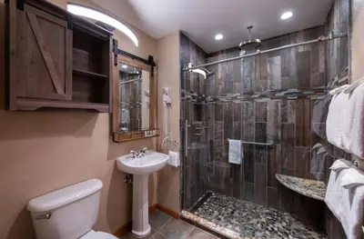 a bathroom with a shower and a toilet and a sink at Premium Unit 1108 - One Bedroom - Zephyr Mountain Lodge condo in Winter Park