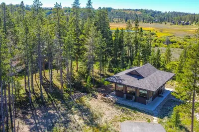 an overhead view of a small house in the woods at Cozy Fraser Cabin with Views and Moose Sightings! in Fraser