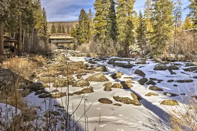 a river covered in snow with rocks and trees at 3 Mi to National Park Cozy Studio in Grand Lake in Grand Lake