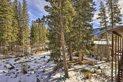 a house in the snow with a tree at Walk to Grand Lake Riverfront Gem with Fireplace! in Grand Lake