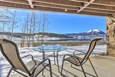 a patio with a table and two chairs and a view at MtnandLake Views and 3 Mi to Skiing Dillon Condo in Dillon